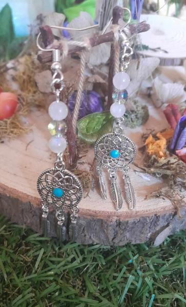 Boucles d'oreilles attrape rêves pierre de lune et aqua aura créée par Magic Gaïa