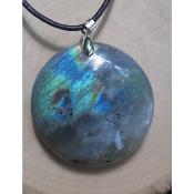 Pendentif rond labradorite grise reflets arc en ciel 